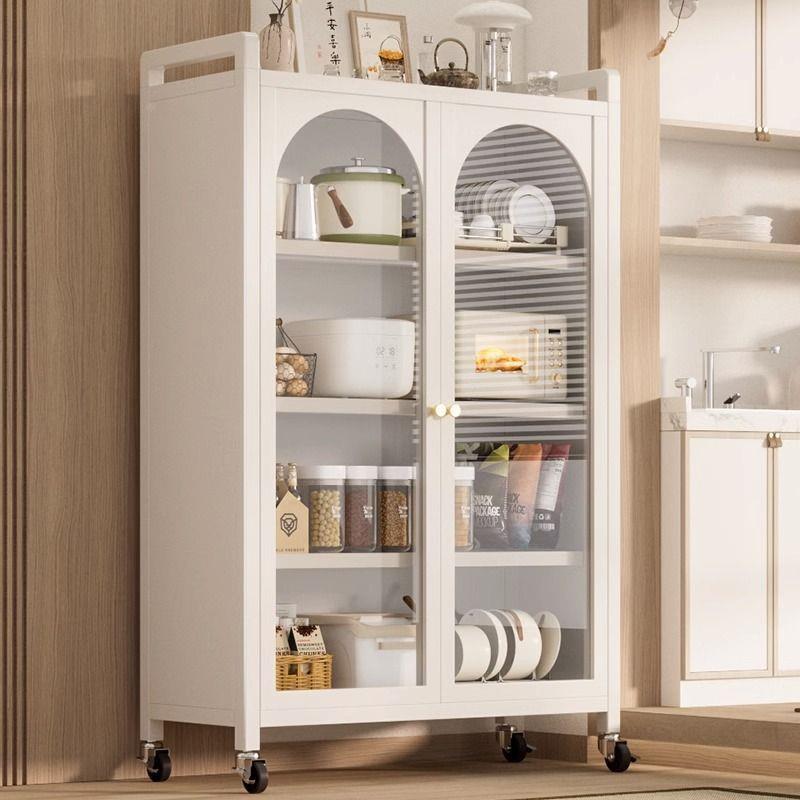 厨房钢化玻璃双开门餐边柜储物置物架滑轮多层落地多功能收纳柜橱
