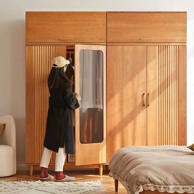 北美樱桃木家用卧室推拉门储物全实木衣橱简约橡木定制移门大衣柜