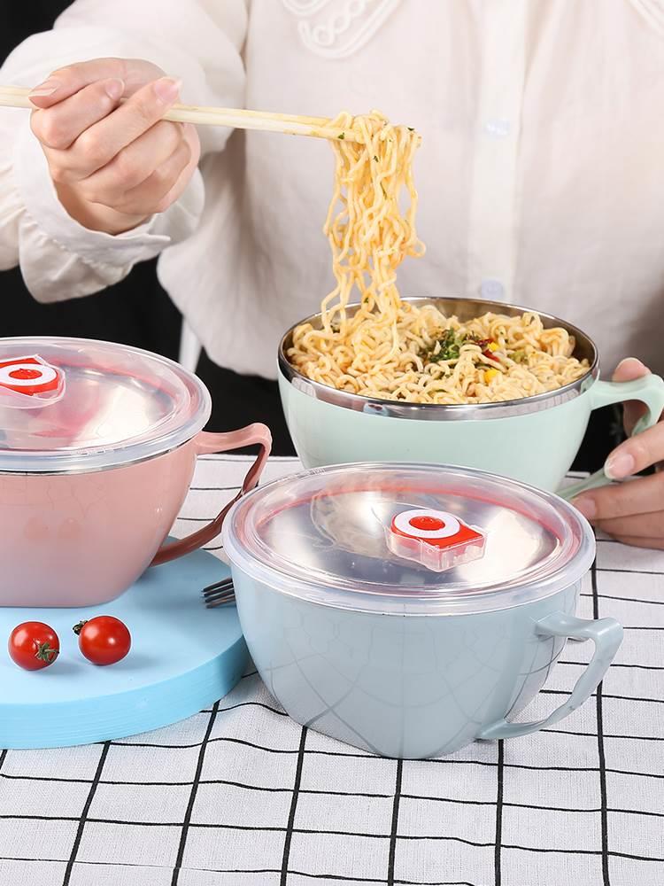 不锈钢泡面碗卡通兔子带盖韩式碗筷套装宿舍家用学生便当盒大汤碗