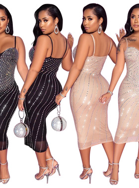 sexy pack hip bodycon dress 欧美性感紧身吊带网纱烫钻连衣裙女