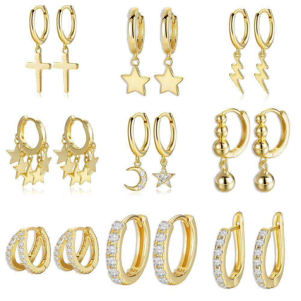 925 Sterling Silver Earrings Gold Color cross Moon Star CZ Z