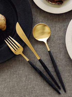 清仓三件包邮葡萄牙进口Cutipol GOA镀金餐具黑色手柄刀叉咖啡勺