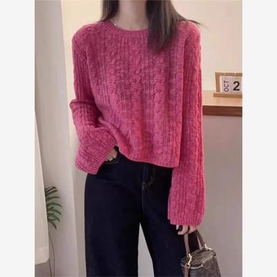 时尚慵懒风薄款宽松毛衣女2024春秋新款圆领长袖短款针织衫上衣潮
