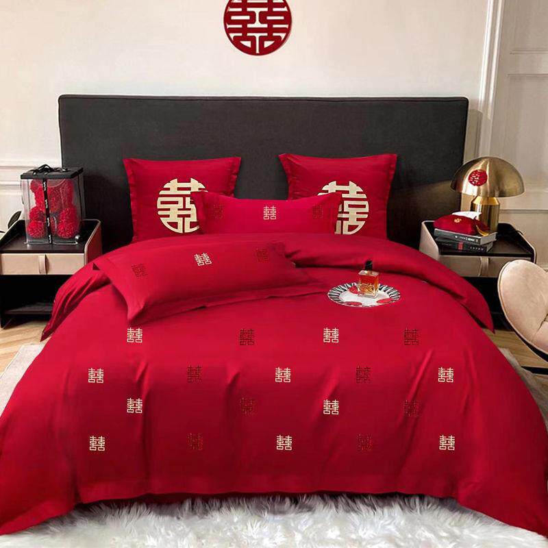 中式结婚四件套大红色刺绣被套婚床新婚陪嫁喜庆床上用品床单床笠