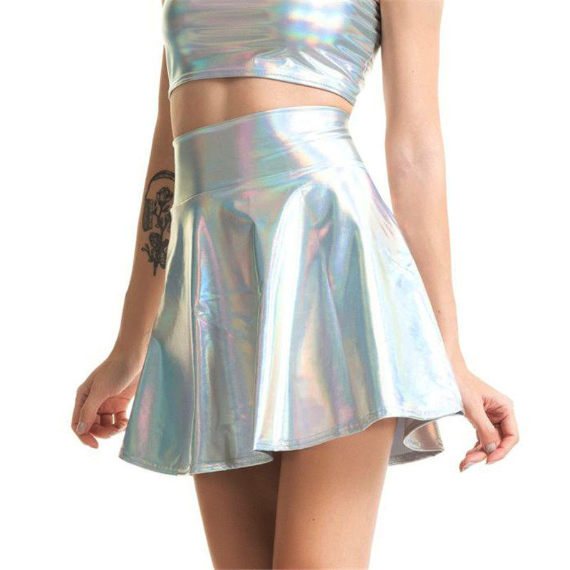 Sexy bright leather A-line pleated skirt性感亮皮百褶半身裙女