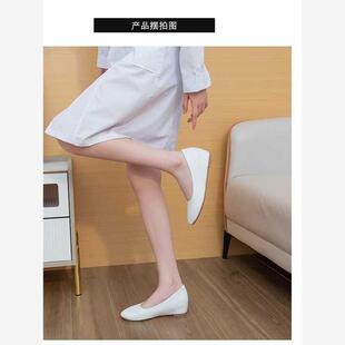 白色护士鞋软底圆头小皮鞋内增高不累脚女鞋平底单鞋女静音工作鞋
