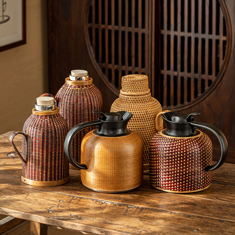 藤编竹怀旧木塞热水瓶小