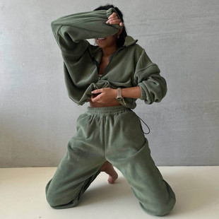 Two piece fleece sweater set for women's casual pants