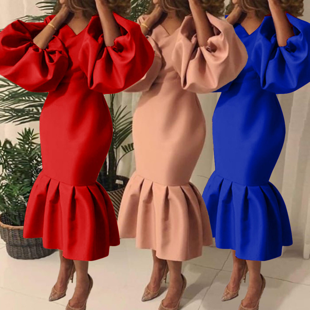 2021ebay亚马逊非洲大码女纯色V领泡泡长袖鱼尾连衣裙晚礼服dress