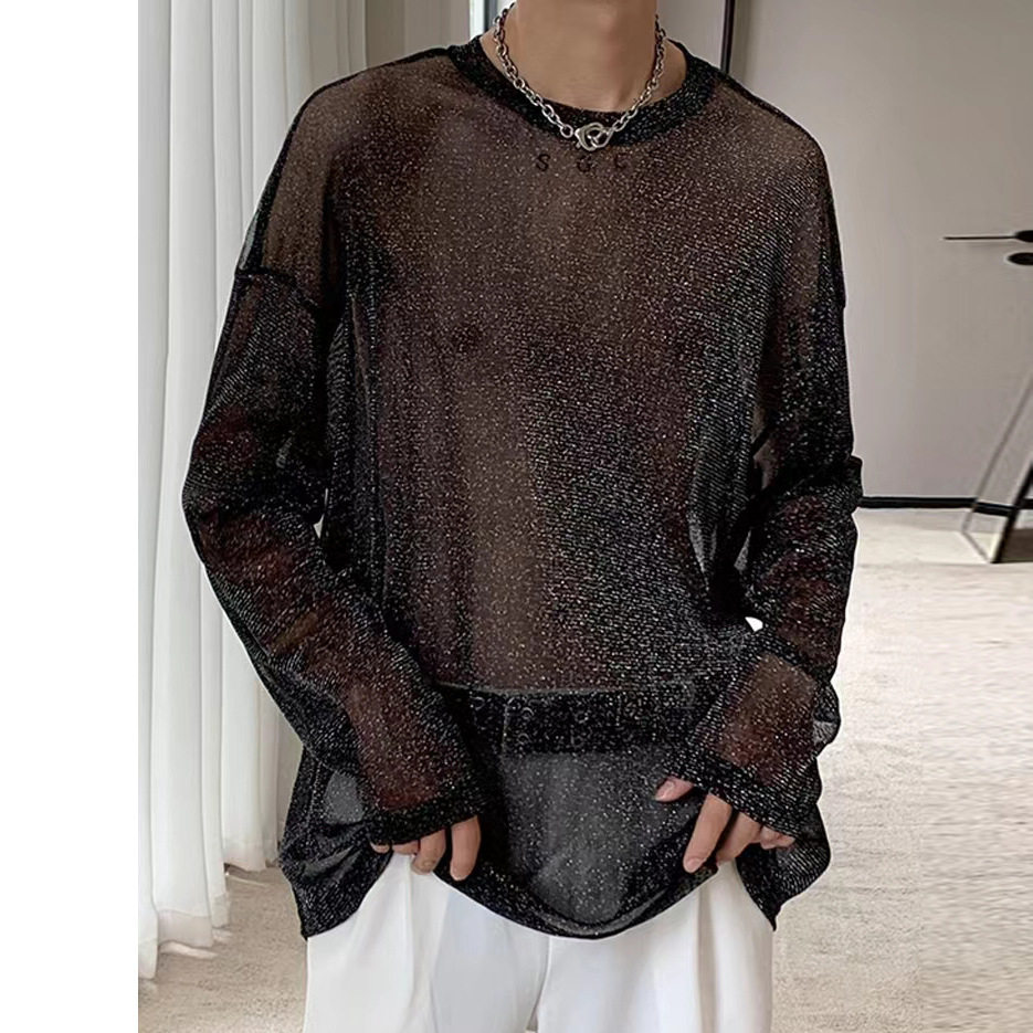 Men's T-shirt 男性感夜店服闪亮透气网纱男士演出服网眼透视t恤