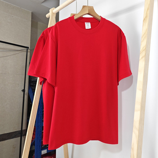 重磅棉纯色短袖T恤男女打底衫大红色上衣男士半袖t
