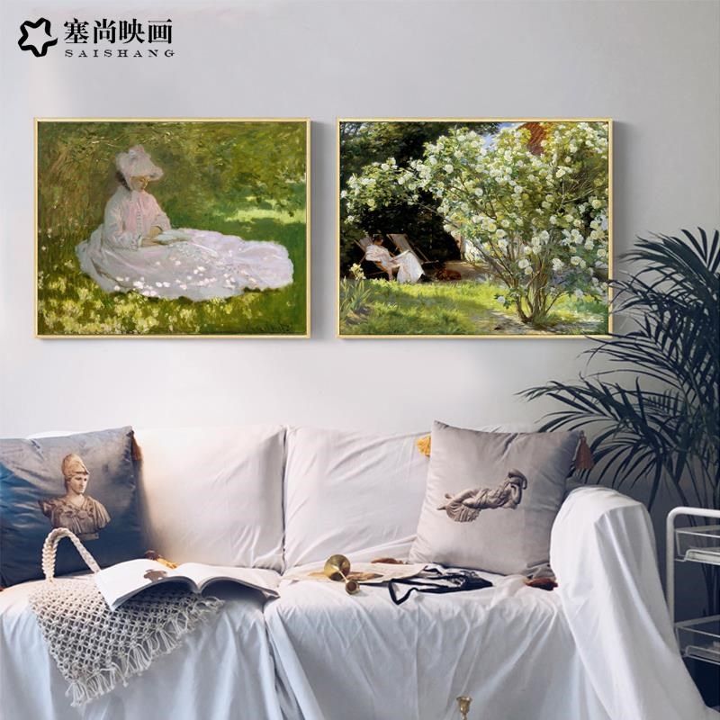 白玫瑰花丛绿色风景油画印象派复古艺术挂画莫奈客厅卧室装饰画
