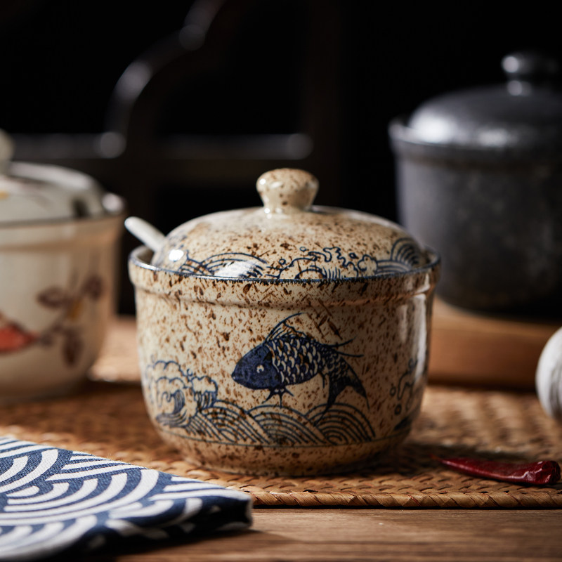 日式陶瓷调味罐炖盅盐罐有盖调味罐釉下彩彩绘饭厅家用复古调味盒