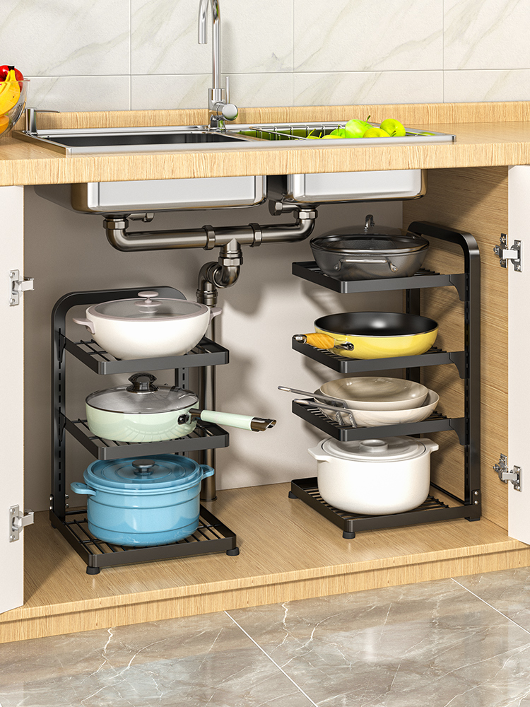 厨房锅具收纳架橱柜内分层置物架落地多层台面下水槽锅架子放锅架