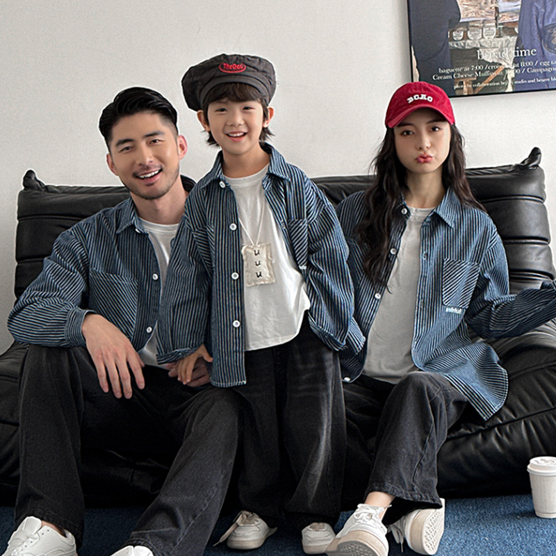 亲子装衬衫一家三口儿童母女2025新款秋装长袖条纹百搭外套母子装