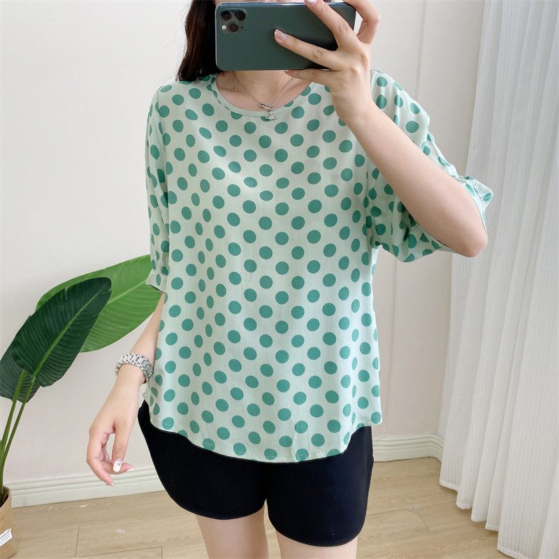 棉绸短袖上衣女夏季薄款妈妈装人造棉圆领中袖宽松显瘦加肥t恤衫