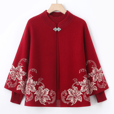 中老年人春秋外套女喜婆婆婚宴装妈妈喜庆结婚奶奶针织两件套上衣