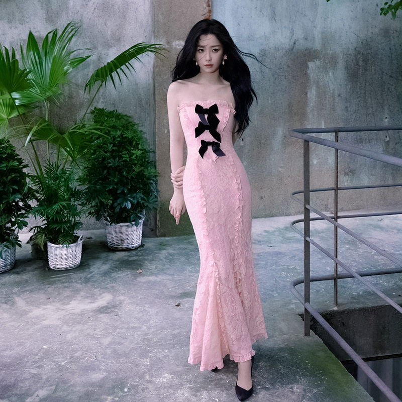 虞书欣同款粉色玫瑰蕾丝抹胸连衣裙清新甜美高级感裙dress