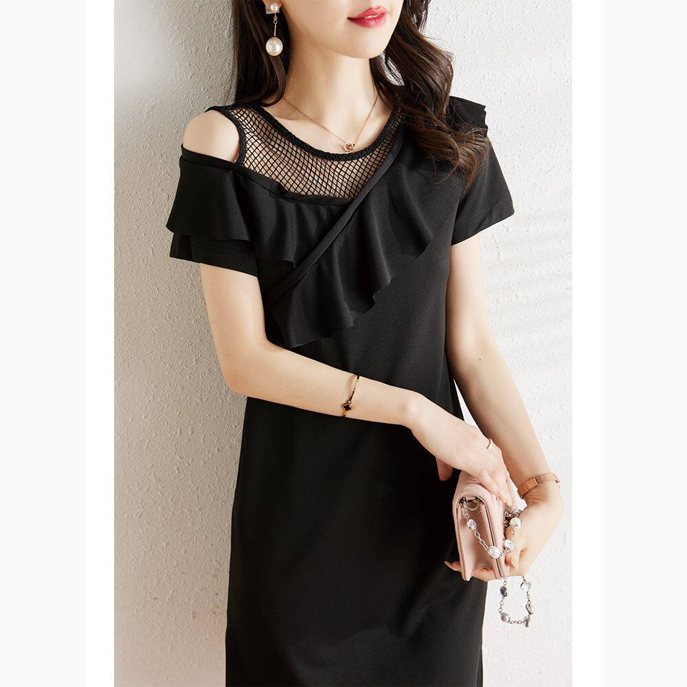 潮牌露肩连衣裙女士夏季新款气质显瘦a字裙设计感网纱拼接连衣裙