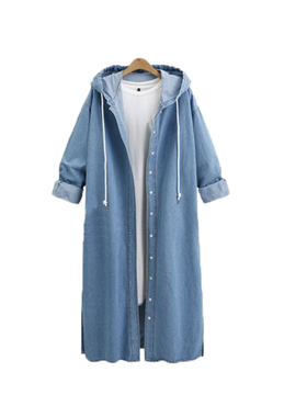 大码女装速卖通蓝色连帽抽绳单排扣开叉宽松长袖中长牛仔外套风衣