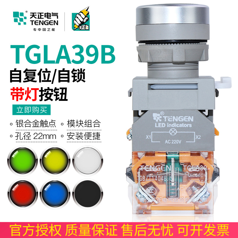 天正带灯按钮开关220V 24V 380V自复位22mm启动停止TGLA39B-11BND