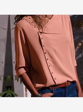 2018ebay新款 亚马逊爆款 6色纽扣不规则斜领长袖女上衣打底衬衫