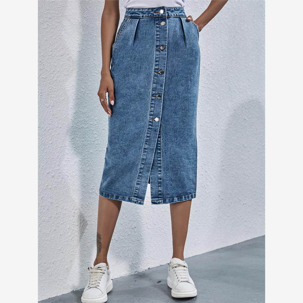 Denim Skirt Women Streetwear Casual Pocket High Waist Straig