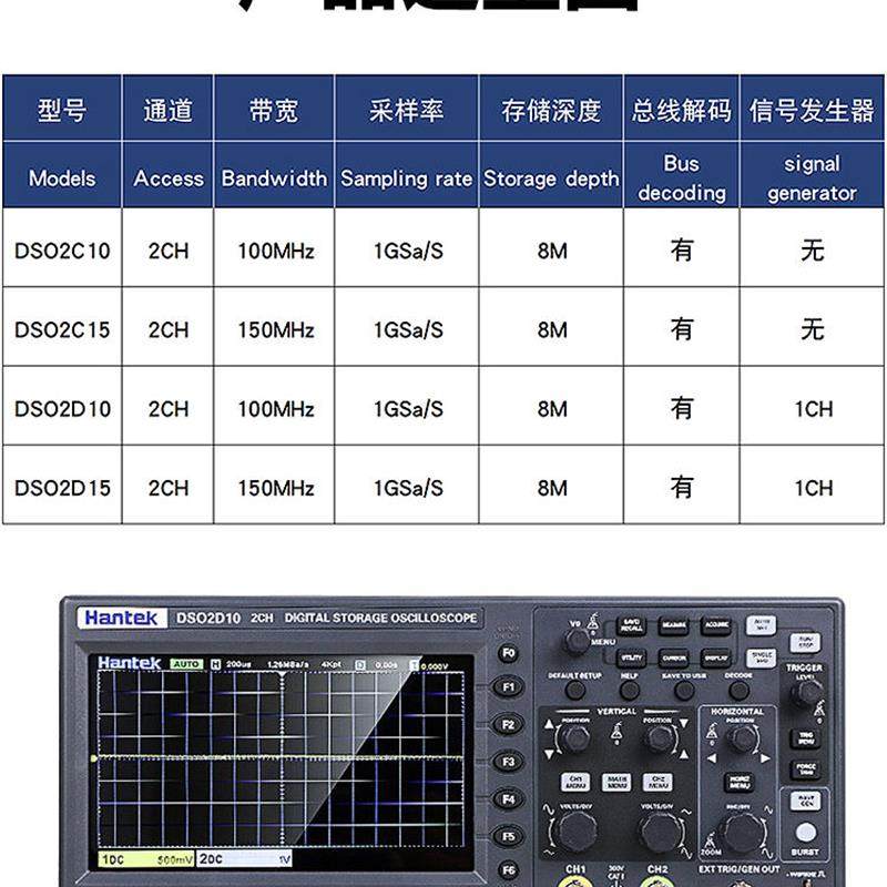 Hantek汉泰数字存储示波器DSO2D10/2D15带宽150Mhz双通道带信号源