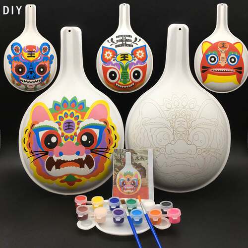 DIY虎头传统文化手工美术课社火马勺脸谱绘画diy带纹路白坯材料包