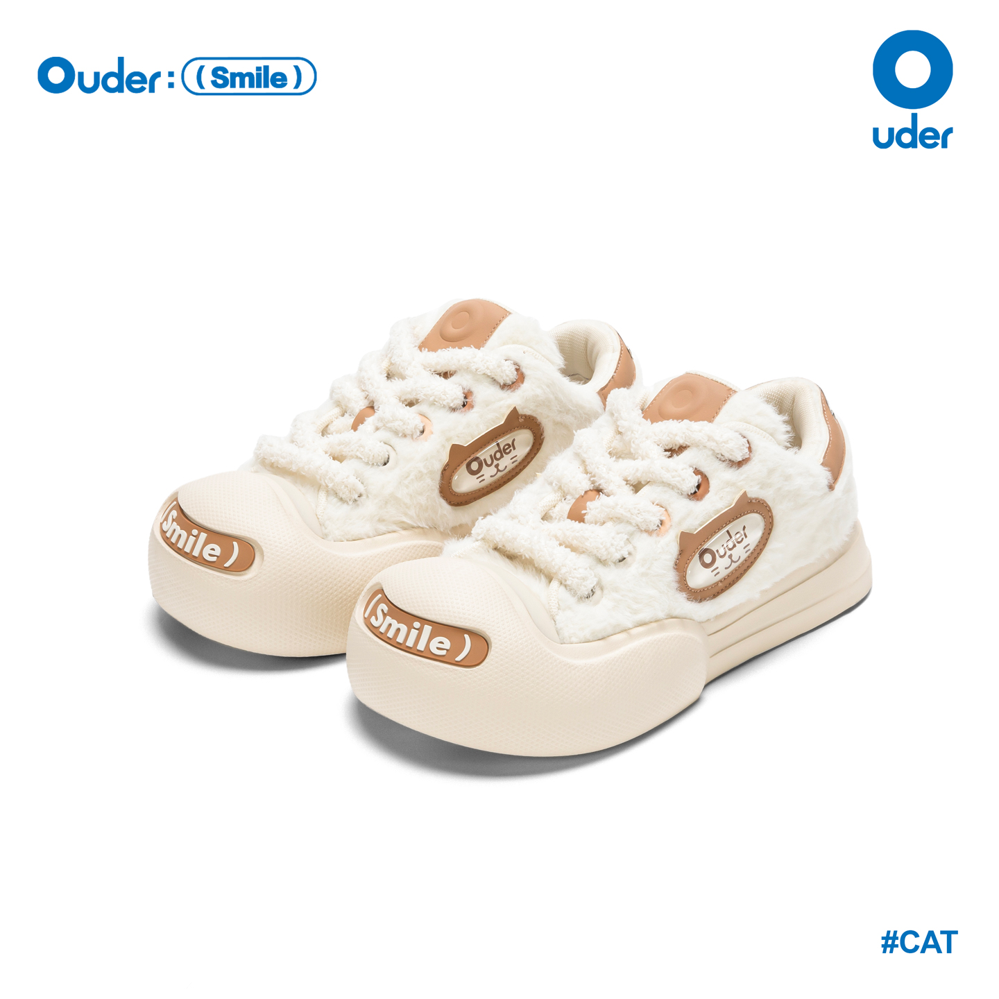 Ouder开口笑帆布鞋女毛绒猫咪