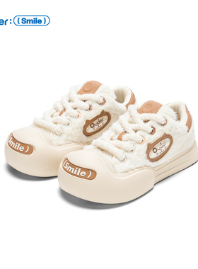 Ouder smiler开口笑帆布鞋女毛绒猫咪保暖大头鞋厚底增高休闲板鞋