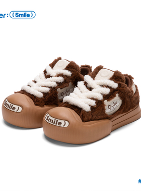 Ouder smiler开口笑帆布鞋女毛绒猫咪复古大头鞋厚底增高休闲板鞋