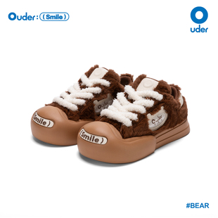 Ouder smiler开口笑帆布鞋女毛绒猫咪复古大头鞋厚底增高休闲板鞋