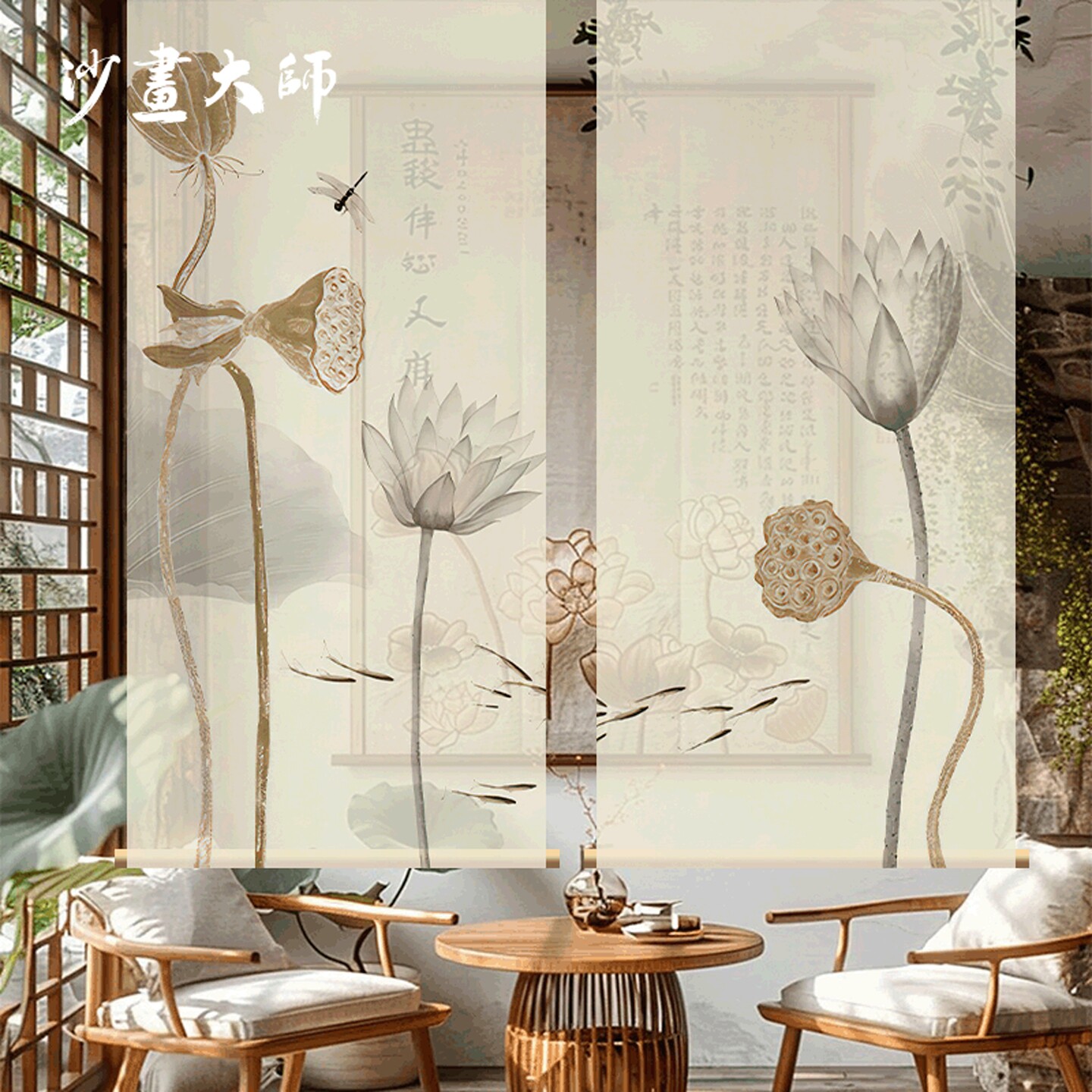 新中式国风半透纱喷绘挂画卷帘书法字画挂纱隔断装饰丝娟纱幔挂帘