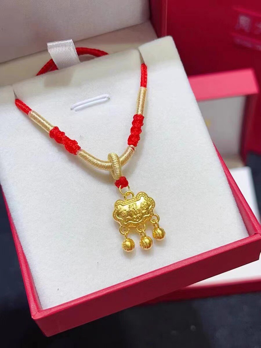 水贝足金黄金平安锁黄金长命福字铃铛吊坠足金婴儿宝宝金锁女友礼