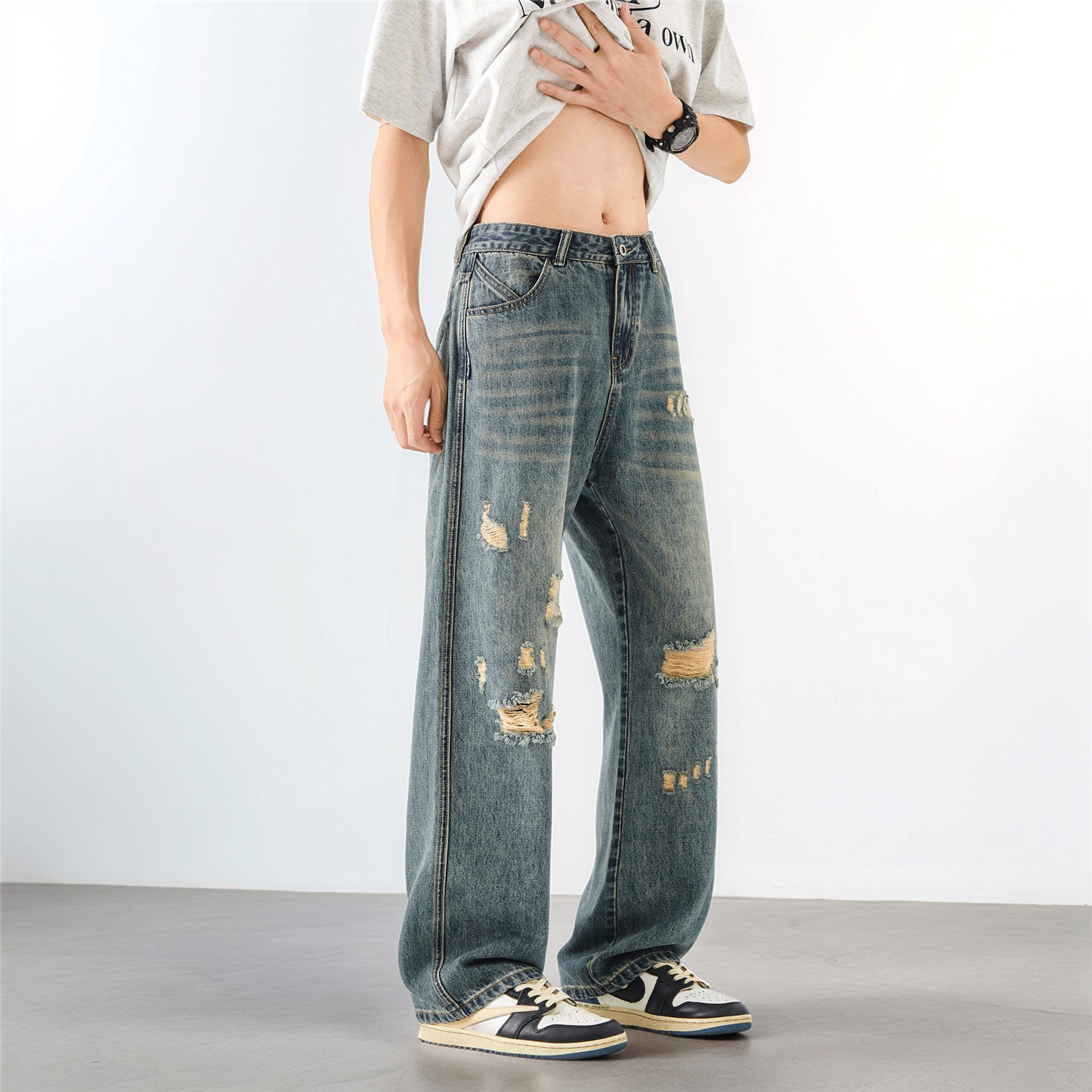 2025新款美式阔腿水洗破洞蓝色牛仔裤男女复古直筒垂感设计感长裤,男装牛仔裤,电商A306-2