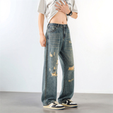 2025新款美式阔腿水洗破洞蓝色牛仔裤男女复古直筒垂感设计感长裤，男装牛仔裤，电商A306-2