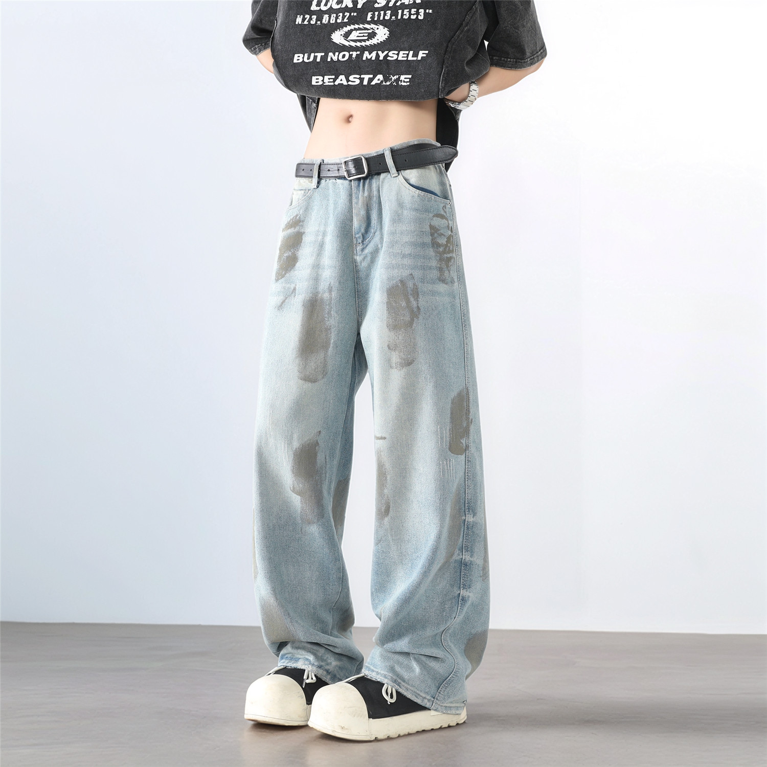 美式高街油漆做旧牛仔裤男女水洗vibe直筒宽松阔腿夏季百搭裤子,男装牛仔裤,电商A306-2