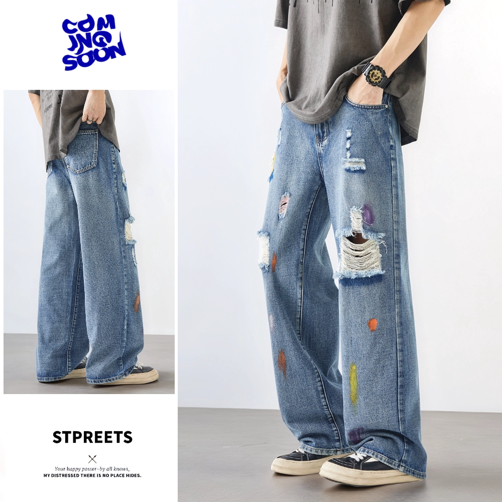 美式高街宽松直筒乞丐破洞牛仔裤男垂感大码男士潮牌痞帅脏脏裤子，男装牛仔裤，电商A306-2