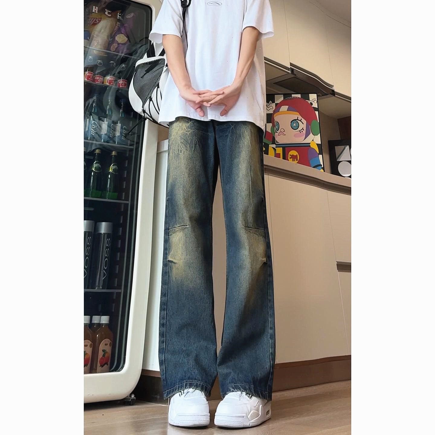 美式复古牛仔裤男款春秋渐变设计感痞帅裤子高街vibe直筒微喇叭裤,男装牛仔裤,电商A306-2