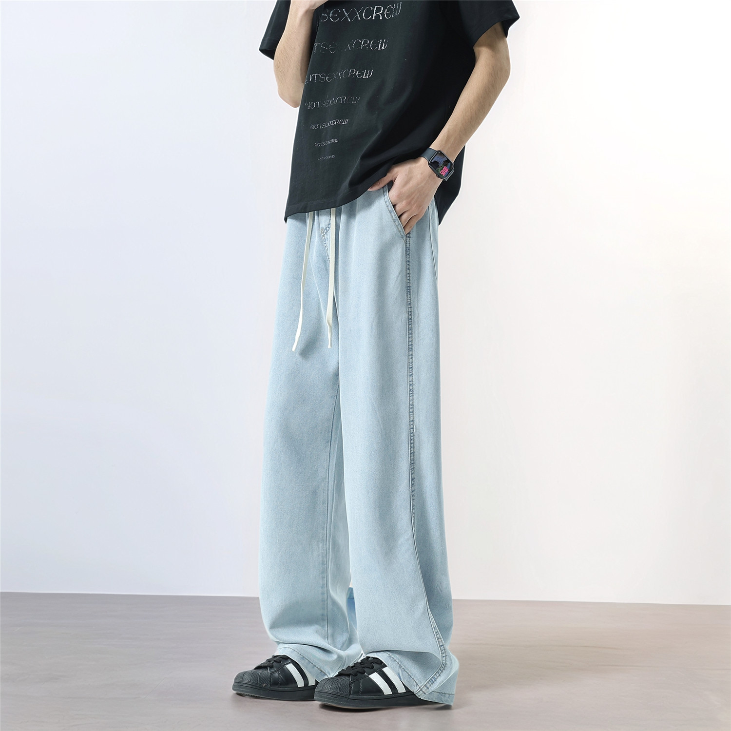 莱赛尔天丝牛仔裤男女夏季薄款深蓝潮牌阔腿长裤宽松直筒冰丝裤子,男装牛仔裤,电商A306-2
