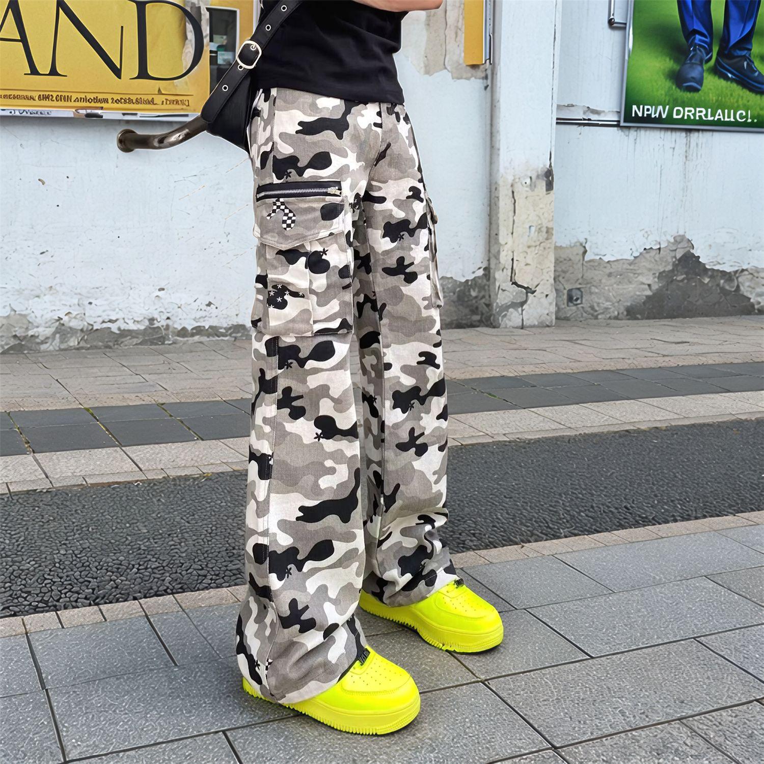 2025美式复古微喇显瘦迷彩工装裤男宽松休闲vibe直筒裤子潮慵懒,男装休闲裤,电商A306-2