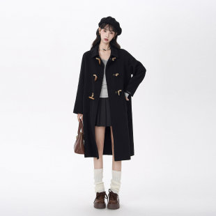 黑色牛角扣呢子大衣女2025秋冬小个子修身显瘦百搭中长款毛呢外套