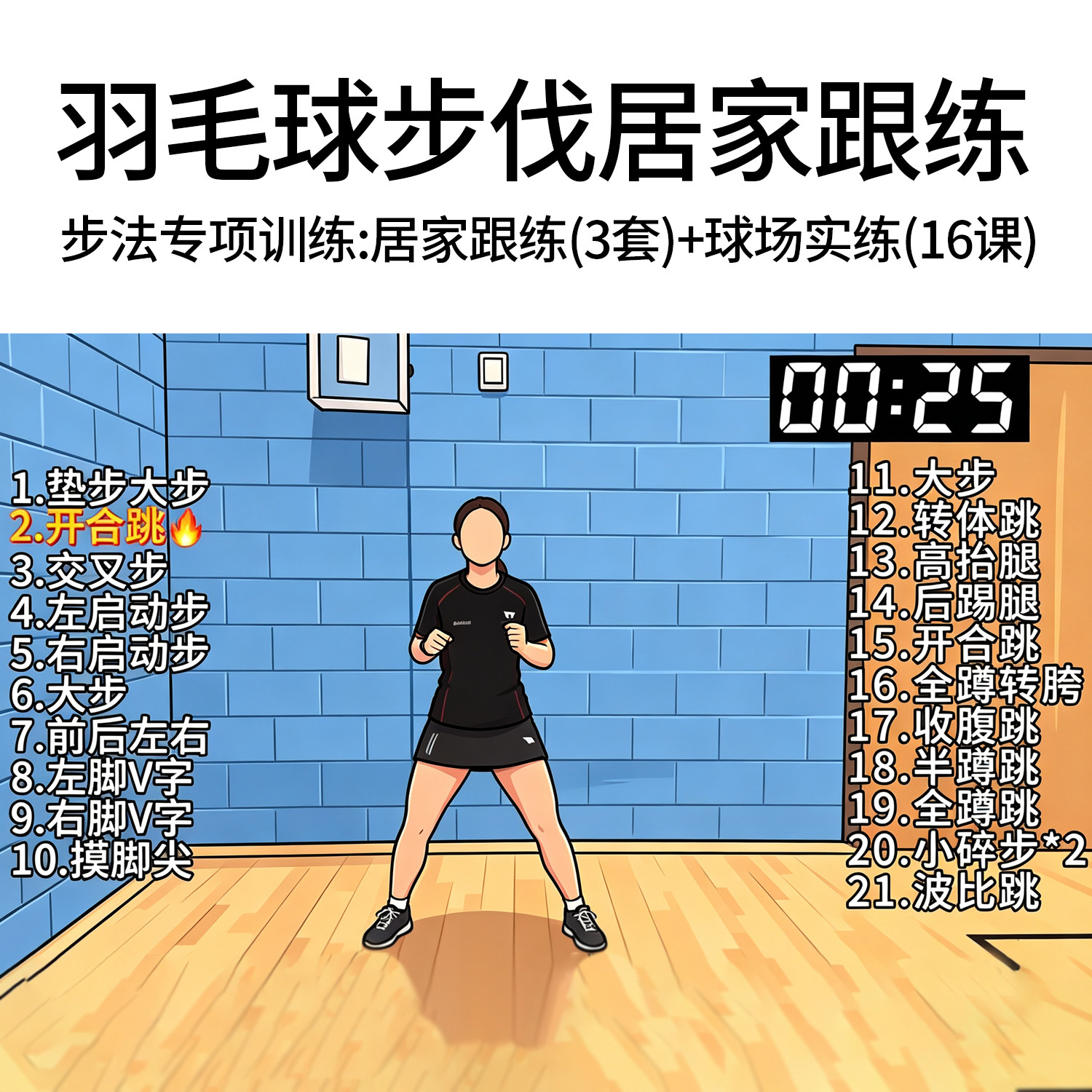 羽毛球步法专项课程居家跟练3节+球场实练16节新手入门进阶教程