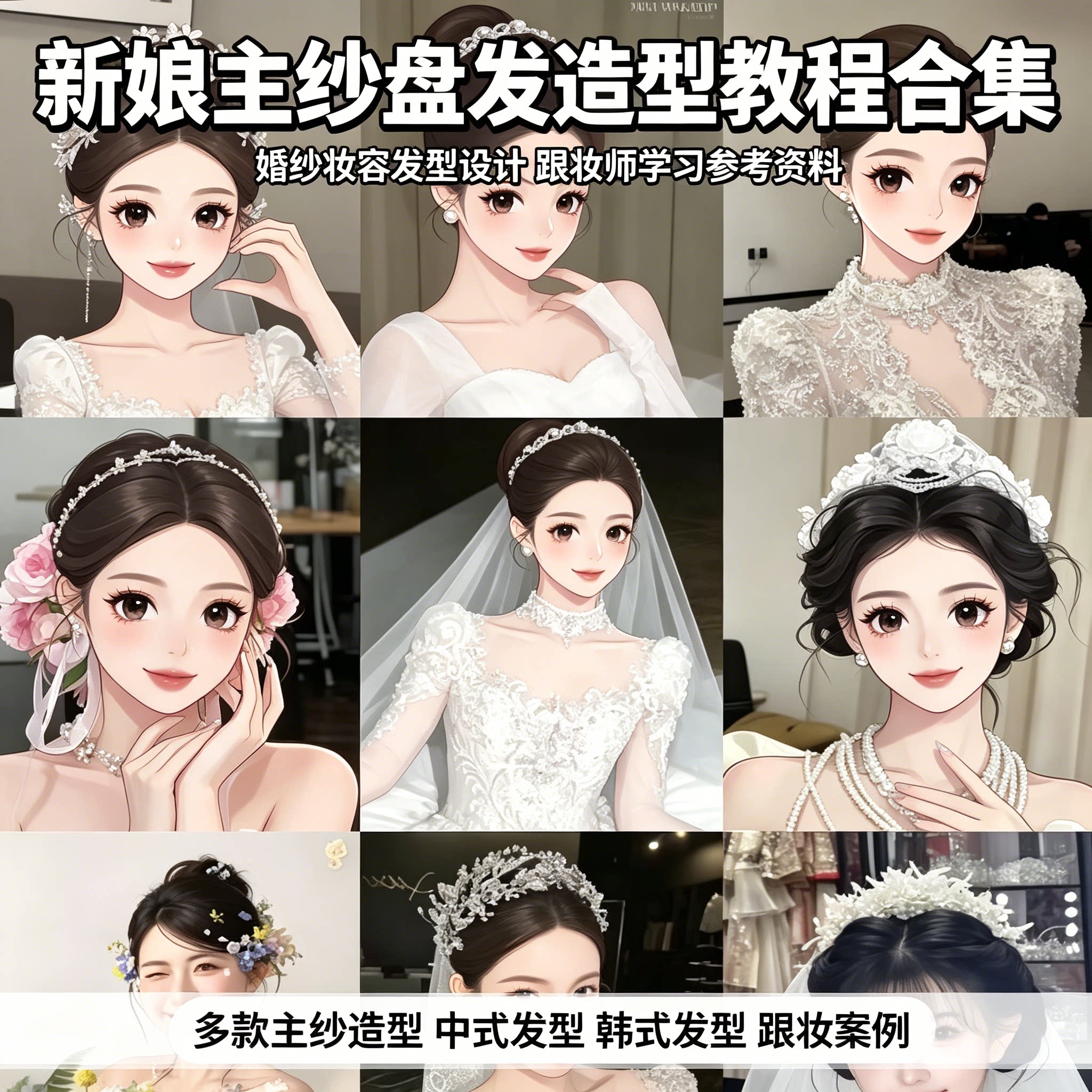 新娘主纱盘发教程合集中式韩式发型设计婚纱妆容跟妆师造型资料