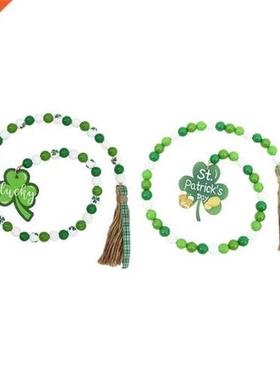 Patricks Day Wood Beads Garland with Tassels Lucky