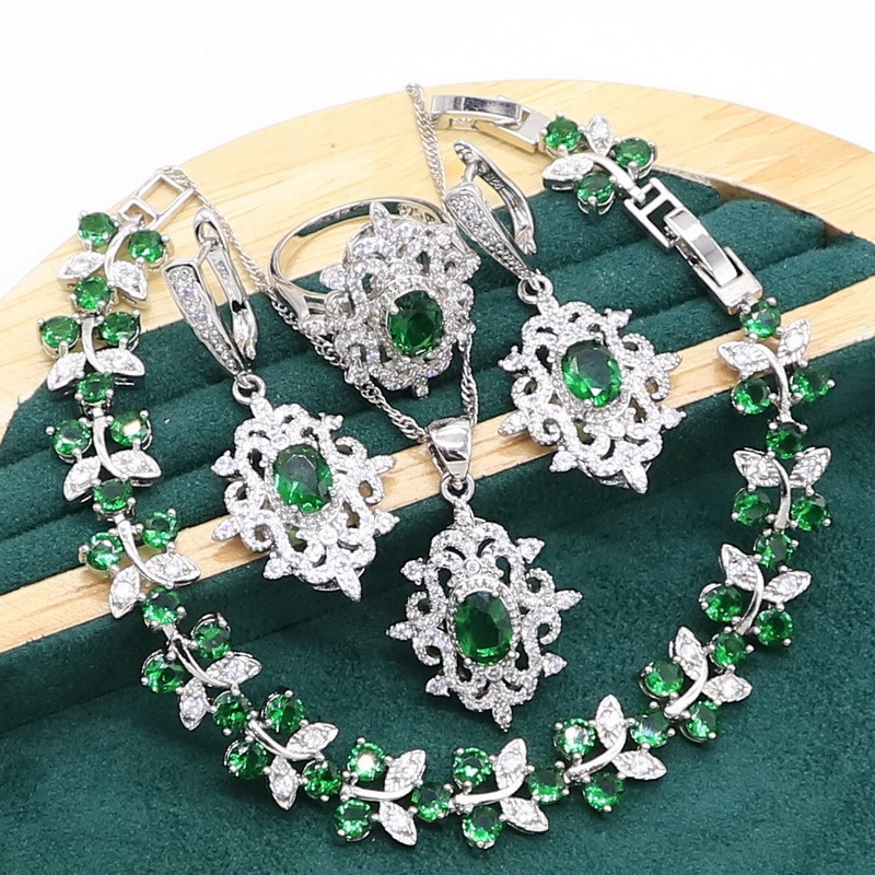 Green Emerald 925 Sterling Silver Jewelry set for Women Wedd
