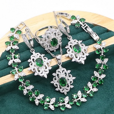 Green Emerald 925 Sterling Silver Jewelry set for Women Wedd