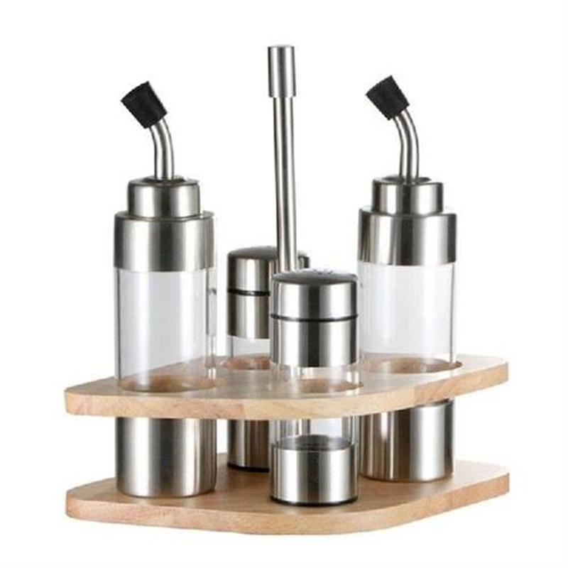 Wood Base Seasoning Bottle Set With Wooden Rack Translucent