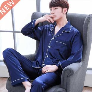 Men Pajama Sets Silk Satin Pijama Turn-down Coll Sleepwe